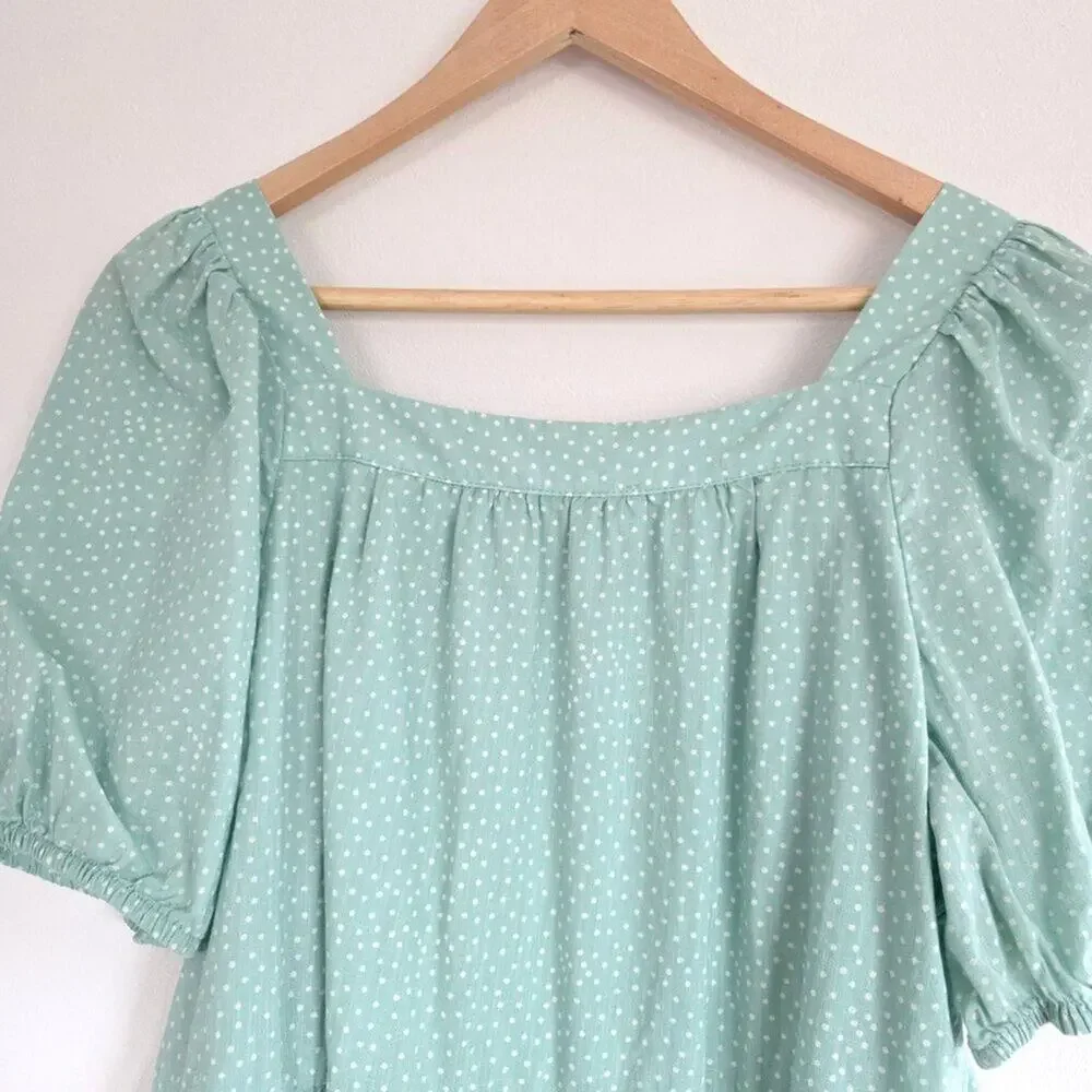 LOFT Mint Green Polka Dot Puff Sleeve Lace Trim Cotton Tiered Peplum Top Medium